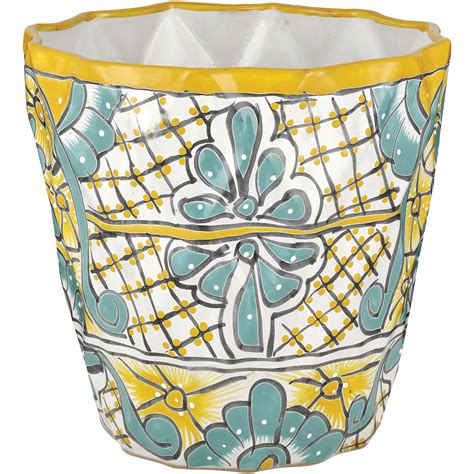 Blue Orange Pottery Floral Diamond Tall Talavera Planter - Yellow ...