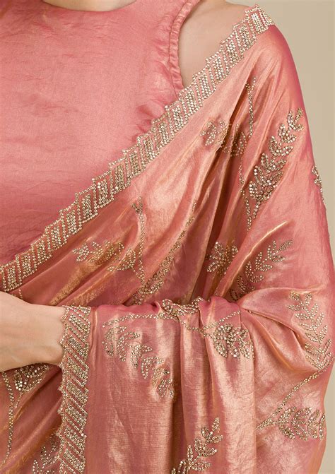 Buy Peach Stonework Tissue Saree - Koskii