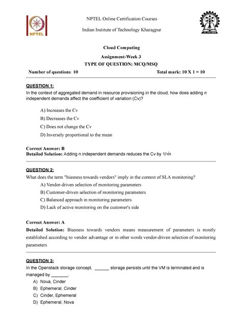 Solution CC Assign 3 - Nptel - Indian Institute of Technology Kharagpur ...