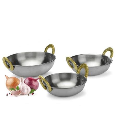 Stainless Steel Matt Finish Serving Kadhai or karahi with Brass Handle ...