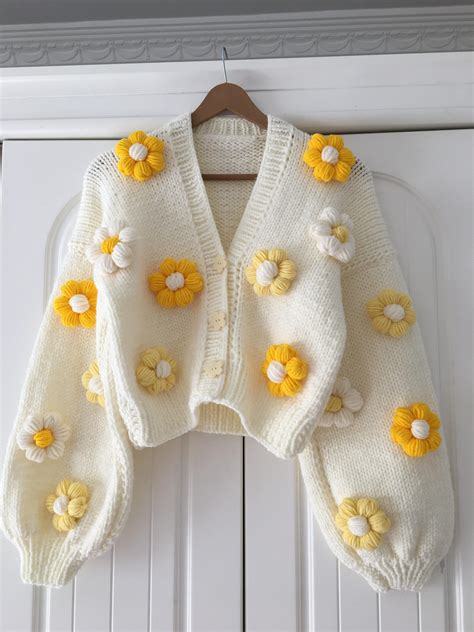 Yellow Flowers Daisy Cardigan, Cardigan Women, Gift for Women, Chunky ...