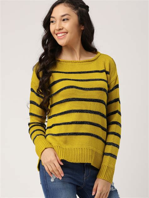 Buy DressBerry Women Mustard Yellow Striped Pullover - Sweaters for ...