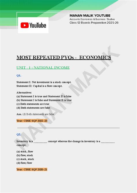 K Class 12 Economics: Most Repeated PYQs on National Income - Studocu
