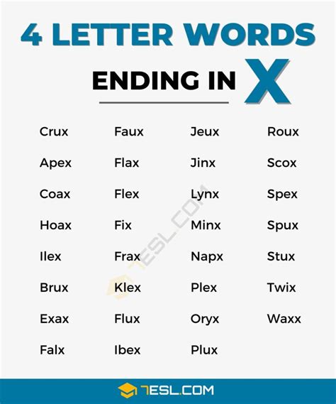 4 Letter Words Ending in X (31 Words in English) • 7ESL