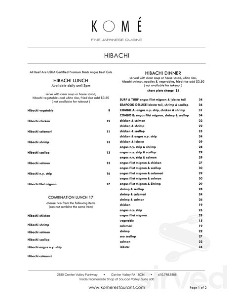 KOME Japanese Cuisine menu in Center Valley, Pennsylvania, USA