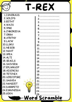 T-rex Word Scramble Puzzle , All About T-rex Word Scramble Activities