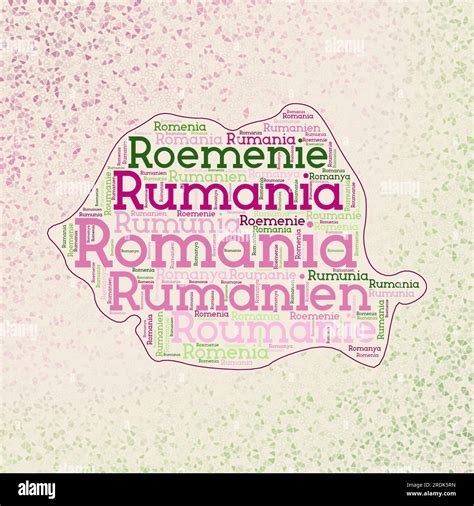 Romania shape with country names word cloud in multiple languages. Romania border map on trendy ...