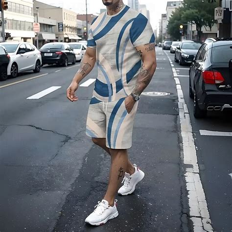 Men's Geometric 2pcs Tees sets Summer Tops Short Sleeve Short Pants ...