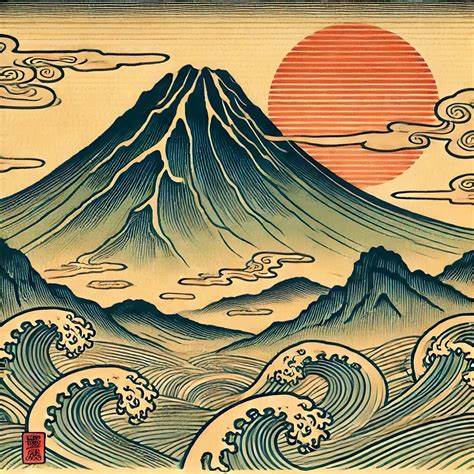 Ukiyo-e Japanese Landscape Art Print Mountain and Rising Sun ...