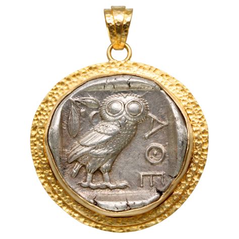 Ancient Greek 5th Century BCE Athena Owl Coin 18K Gold Pendant For Sale ...
