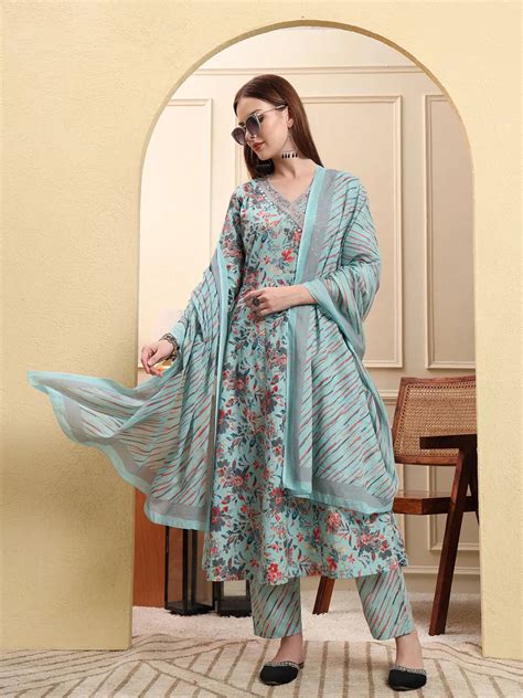 Sky Blue Pure Cotton Thread Work Anarkali Kurta Trouser Dupatta Set ...