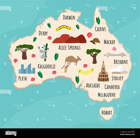 Cartoon map of Australia. Travel illustration with australian landmarks, buildings, food and ...