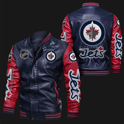Winnipeg Jets Navy Red Bomber Leather Jacket - Maker of Jacket