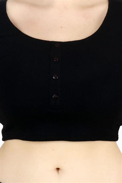 Get Slim & Stylish with Buttoned Crop Top - Short Sleeves, Solid Print ...