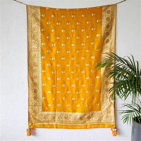 BANARASI BROCADE- Dark mustard Banarasi Brocade Flower Motif And Borde ...