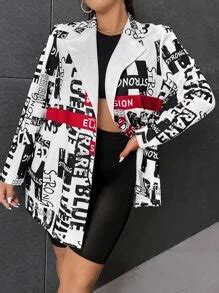 SHEIN ICON Plus Letter Graphic Single Button Blazer | SHEIN USA