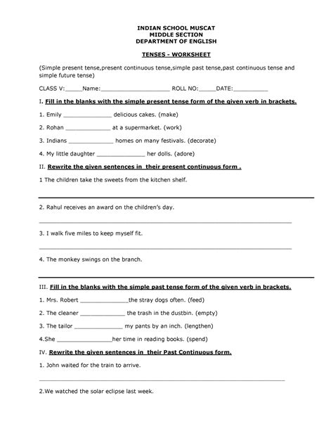Class 5-English-Tenses worksheet - INDIAN SCHOOL MUSCAT MIDDLE SECTION ...