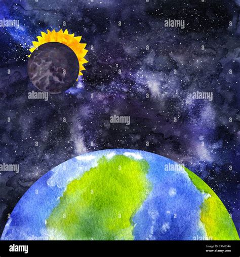 Solar Eclipse From Space Drawing Blue Sun Eclipse Stock Illustrations