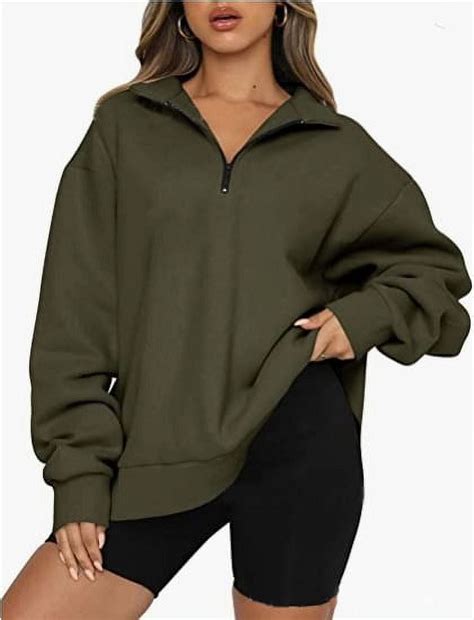 Womens Half Zip Sweatshirt Oversized Long Sleeve Collar Drop Shoulder ...