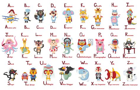 ABC latin alphabet cute animal professions letter a-z in flat cartoon ...