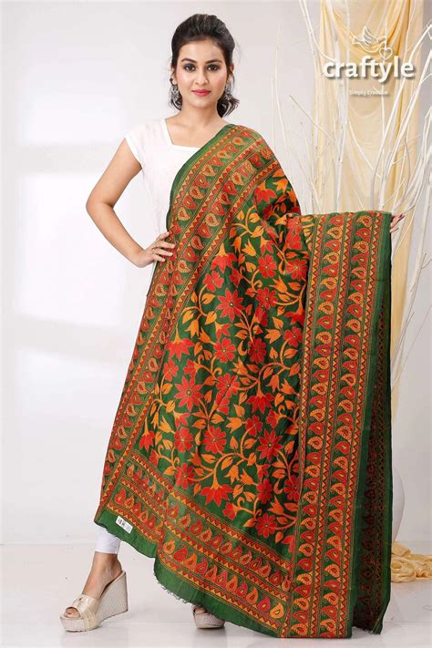 Deep Green Floral Motif Pure Bangalore Silk Kantha Work Dupatta – Craftyle