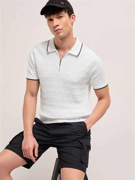 Shop White Geometric Textured Knit Polo with Zip Placket, Regular Fit ...
