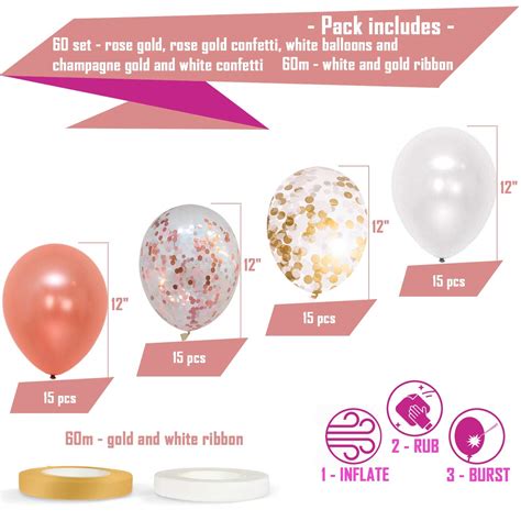 60 Pack Rose Gold Balloons + White Balloons + Confetti Balloons w ...