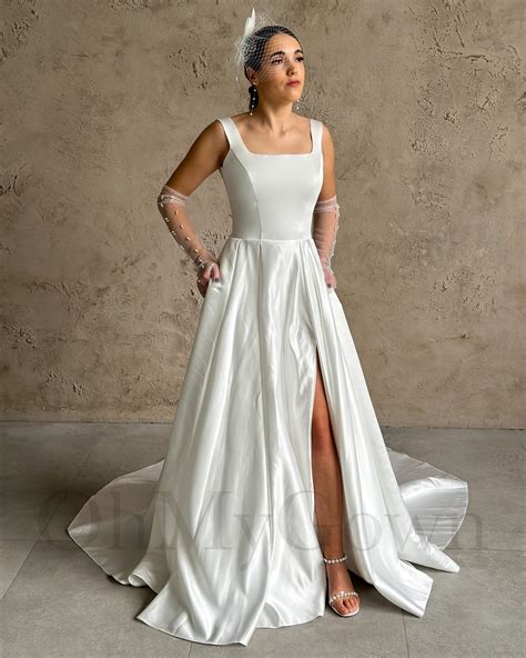 Satin Low Back Wedding Dress, A-line Wedding Dress, Square Neck Wedding Dress, Satin Wedding ...