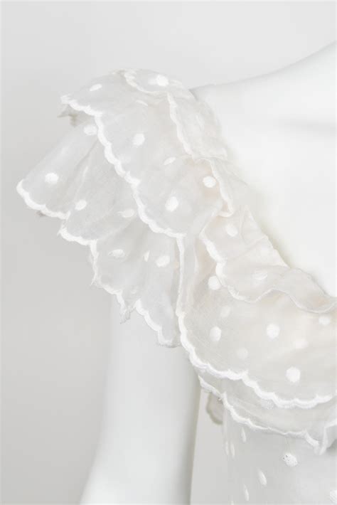 1978 Chanel Haute Couture White Eyelet Cotton Off-Shoulder Tiered Bridal Gown For Sale at 1stDibs
