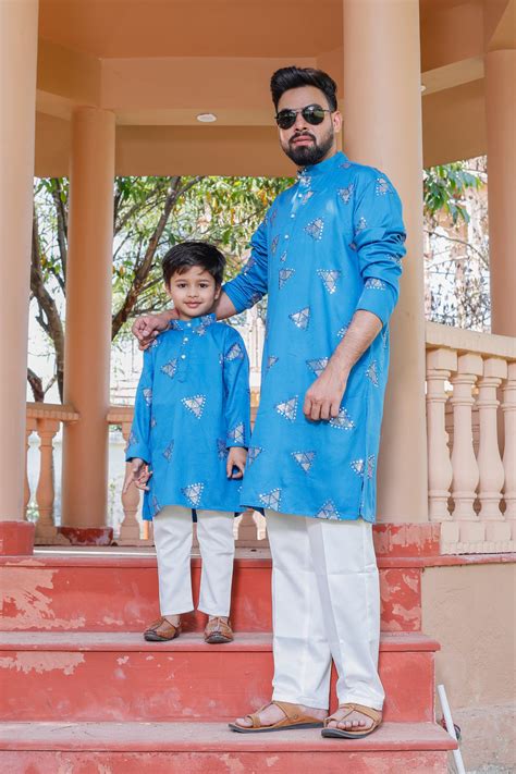 Father-Son Blue Diamond Pattern Embroidered Kurta Pajama Combo Set ...