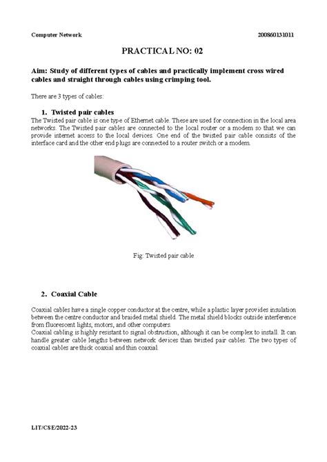 Prac2 CN - Overview of Cable Types and Practical Implementation - Studocu