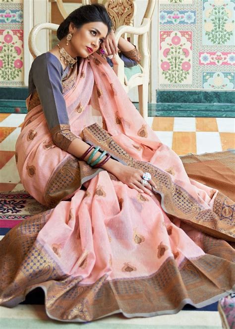 Blush Pink Woven Linen Silk Saree with Butti overall - Cloth