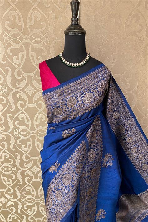 Royal Blue Pure Raw Tussar Banarasi Silk Saree, Hand Woven Motifs With ...