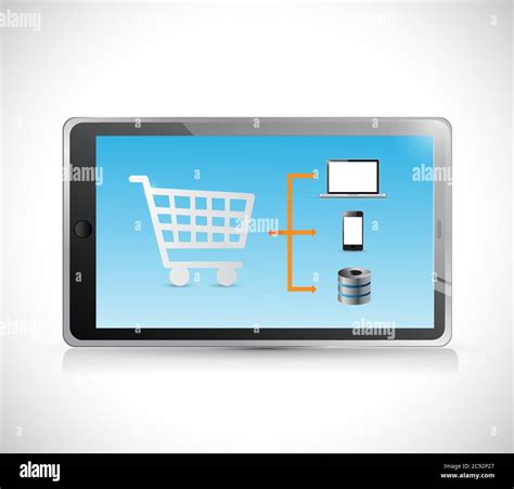 Tablet shopping cart diagram illustration design over a white ...