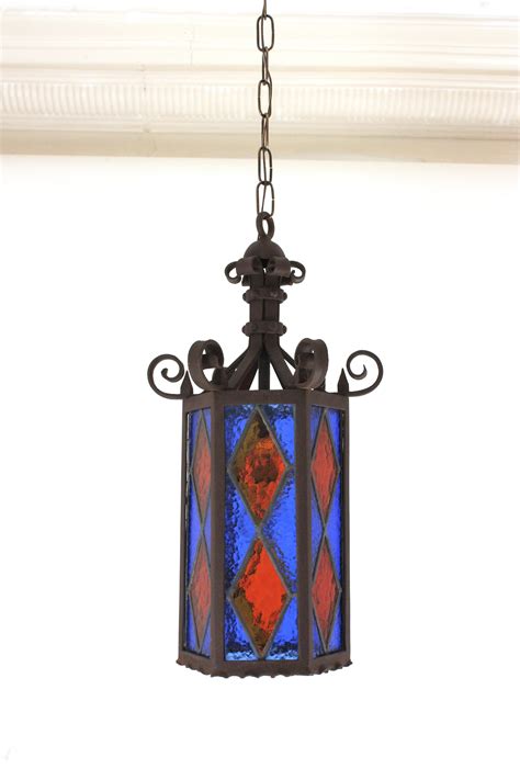 Spanish Hexagonal Lantern in Iron and Orange Blue Glasses For Sale at ...