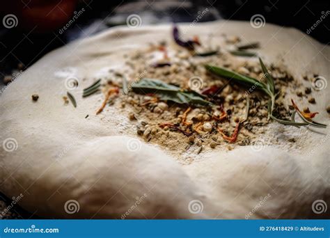 Close-up of Pizza Dough, with a Sprinkle of Herbs and Spices Stock ...