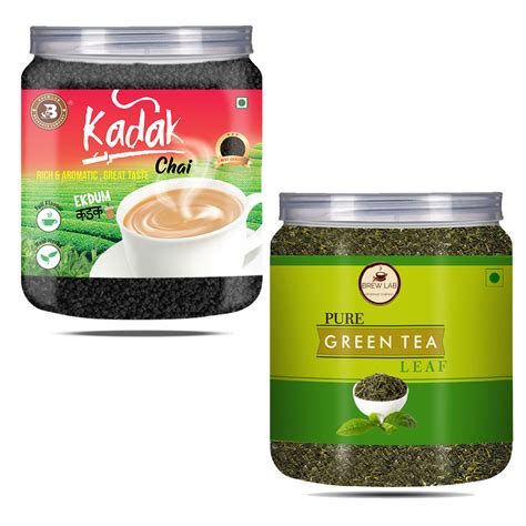 Brew Lab Kadak Chai And Pure Green Tea Leaf Combo-250gm Each Instant ...