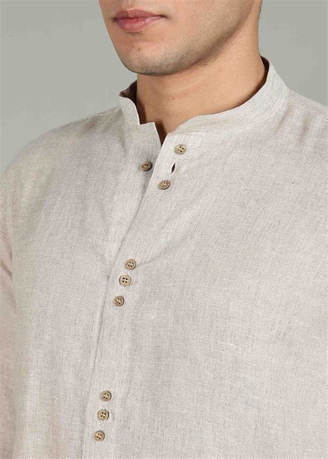 Ecru Pure Linen Shirt with Mandarin Collar & Trio Button Detail – Linen ...