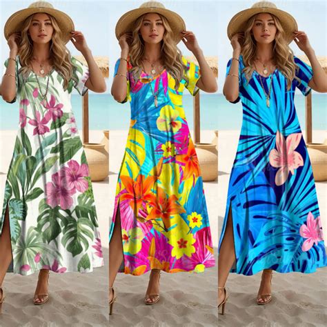 Women's Long Dress Hawaiian Floral Print V Neck Slit Dress Summer Women ...
