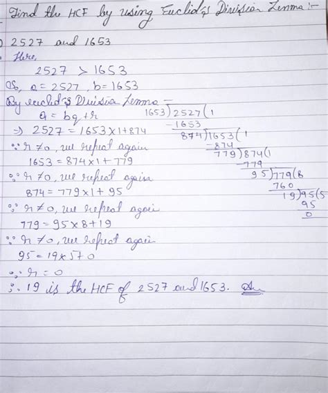 Use euclid's algorithm to find the hcf of 2527 and 1653, 1261 and 442 ...