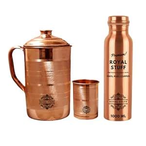 Buy ROYAL STUFF® Copper Bottle, Jug & Glass Combo | Pitcher | 950ml ...