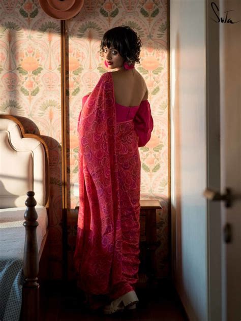 Soft Modal Floral Print Fancy Saree In Pink|Rose Roz|Suta