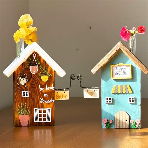 Buy 2 pc | Brown & Blue Handcrafted Miniature Wooden House Planter/Pen ...