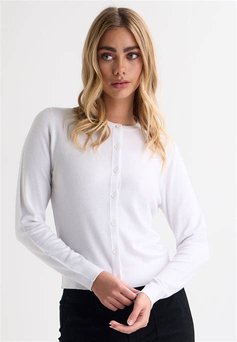 Womens White Plain Crew Neck Cardigan | Peacocks