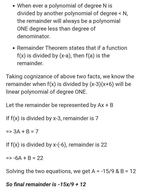 When a polynomial f(x) is divided by x-3 and x+6 , the respective ...