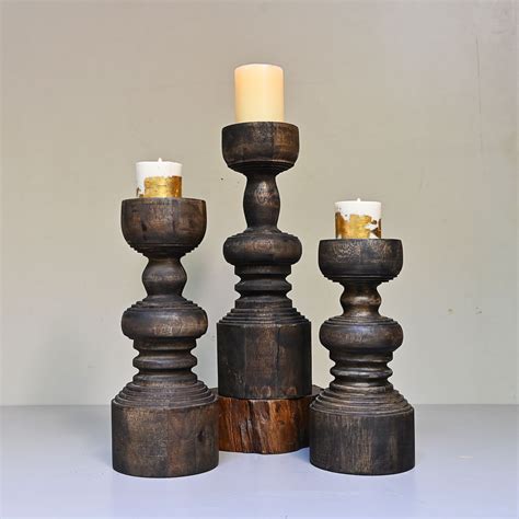 Antique Wooden Pillar Candle Holder – Mora Taara