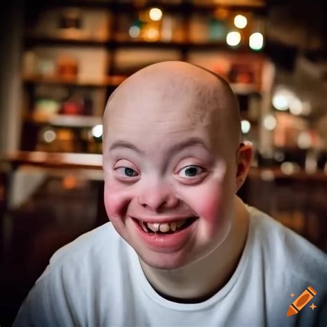 Smiling man with down's syndrome and male-pattern baldness sitting at a cozy bar on Craiyon