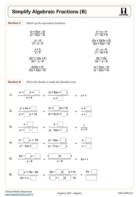 Simplify Algebraic Fractions (B) Worksheet | Fun and Engaging Algebra I ...