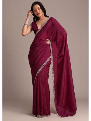 Buy KALKI FASHION Wine Tissue Solid Embellished Border Saree with ...