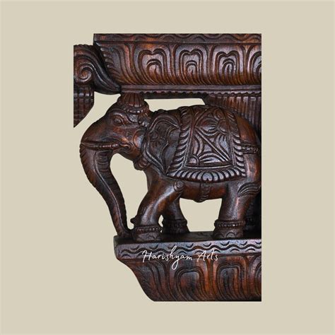 15" Intricately Carved Wooden Wall Brackets with Paired Elephant Desig